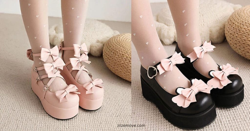 Girls Platform Shoes Sweet Lolita Shoes Black Bows Round Toe